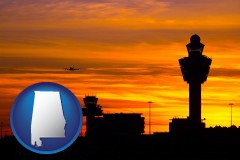 alabama map icon and an airport terminal and control tower at sunset