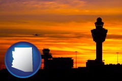 arizona map icon and an airport terminal and control tower at sunset