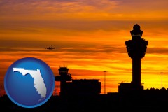florida map icon and an airport terminal and control tower at sunset