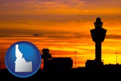 idaho map icon and an airport terminal and control tower at sunset