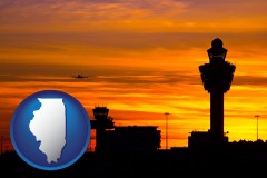 illinois map icon and an airport terminal and control tower at sunset