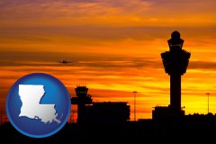 louisiana map icon and an airport terminal and control tower at sunset