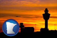 minnesota map icon and an airport terminal and control tower at sunset