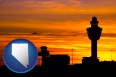nevada map icon and an airport terminal and control tower at sunset