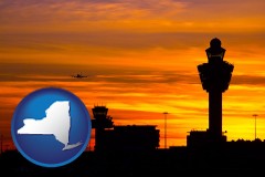new-york map icon and an airport terminal and control tower at sunset