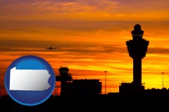 pennsylvania map icon and an airport terminal and control tower at sunset