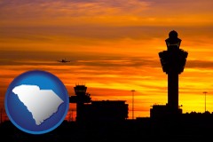 south-carolina map icon and an airport terminal and control tower at sunset