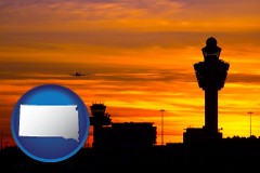 south-dakota map icon and an airport terminal and control tower at sunset
