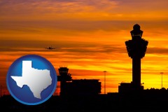 texas map icon and an airport terminal and control tower at sunset