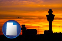 utah map icon and an airport terminal and control tower at sunset