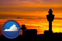 virginia map icon and an airport terminal and control tower at sunset