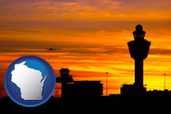 wisconsin map icon and an airport terminal and control tower at sunset