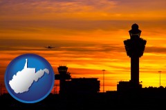 west-virginia map icon and an airport terminal and control tower at sunset