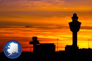 an airport terminal and control tower at sunset - with Alaska icon