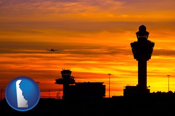 an airport terminal and control tower at sunset - with Delaware icon