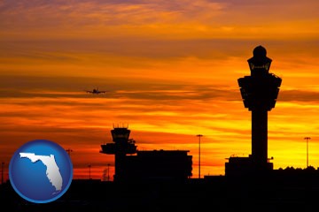an airport terminal and control tower at sunset - with Florida icon