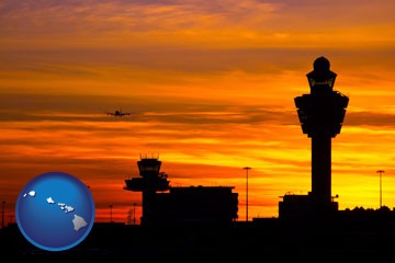 an airport terminal and control tower at sunset - with Hawaii icon