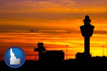 an airport terminal and control tower at sunset - with Idaho icon