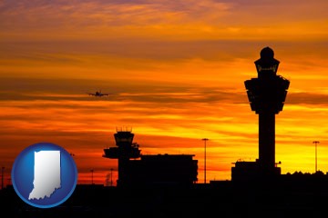 an airport terminal and control tower at sunset - with Indiana icon