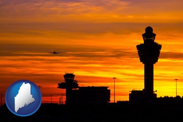 an airport terminal and control tower at sunset - with Maine icon