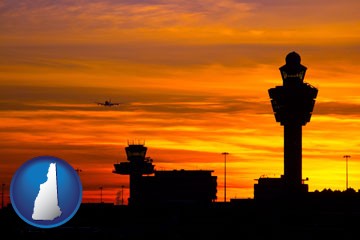 an airport terminal and control tower at sunset - with New Hampshire icon