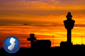 an airport terminal and control tower at sunset - with New Jersey icon