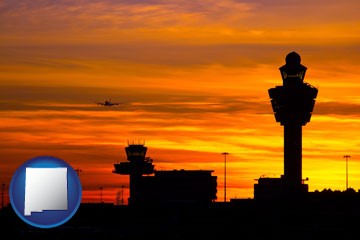 an airport terminal and control tower at sunset - with New Mexico icon