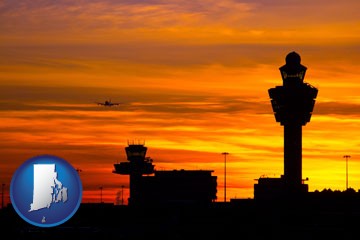 an airport terminal and control tower at sunset - with Rhode Island icon