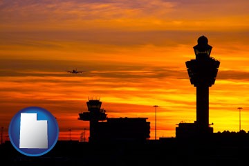 an airport terminal and control tower at sunset - with Utah icon