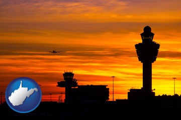an airport terminal and control tower at sunset - with West Virginia icon